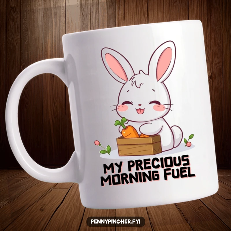 Funny mug featuring a giggling rabbit character carefully hiding a single carrot inside a tiny, ornate treasure chest, looking mischievous.