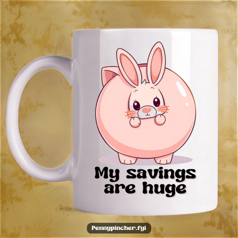 Funny shy rabbit peeking from behind a giant piggy bank, expressing bashfulness and saving on this humorous mug.