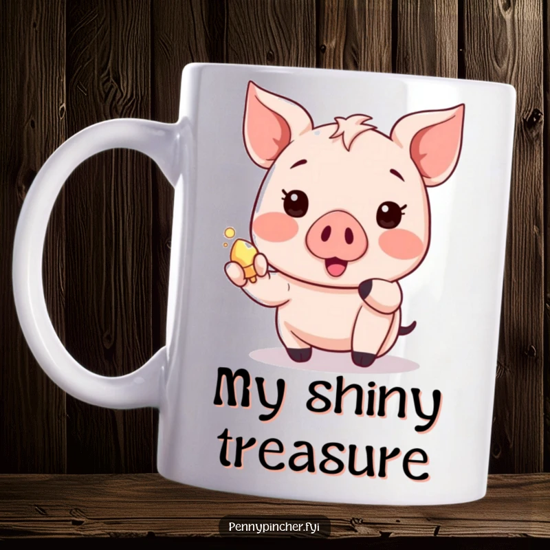 Funny piglet mug with a happy Kawaii character excitedly showing a small, shiny object, radiating pure joy.