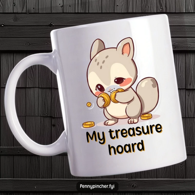 Funny Mug showcasing a sly animal character with a sneaky grin, hiding shiny coins behind its back, ready for a playful prank.
