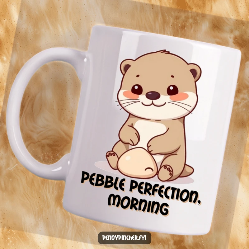 Funny otter mug, a cheerful character delightedly playing with a small, smooth pebble, joyful and humorous gift.