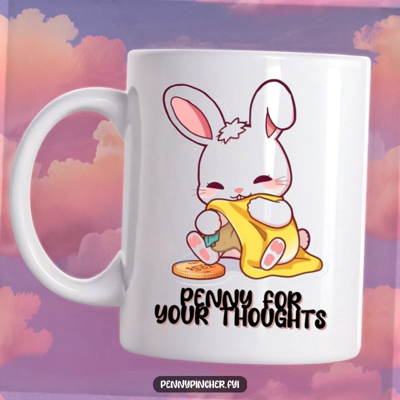 Funny mug with a rabbit character meticulously polishing a small, shiny penny with a cloth, showing care.