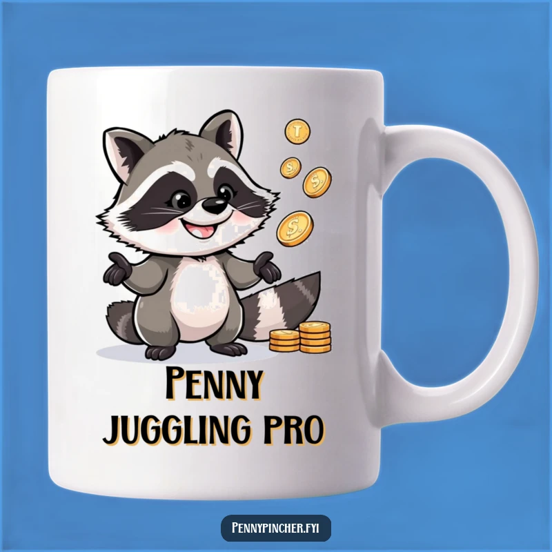 Funny Raccoon Mug: Juggling raccoon w/ pennies, a perfect funny trickster gift.