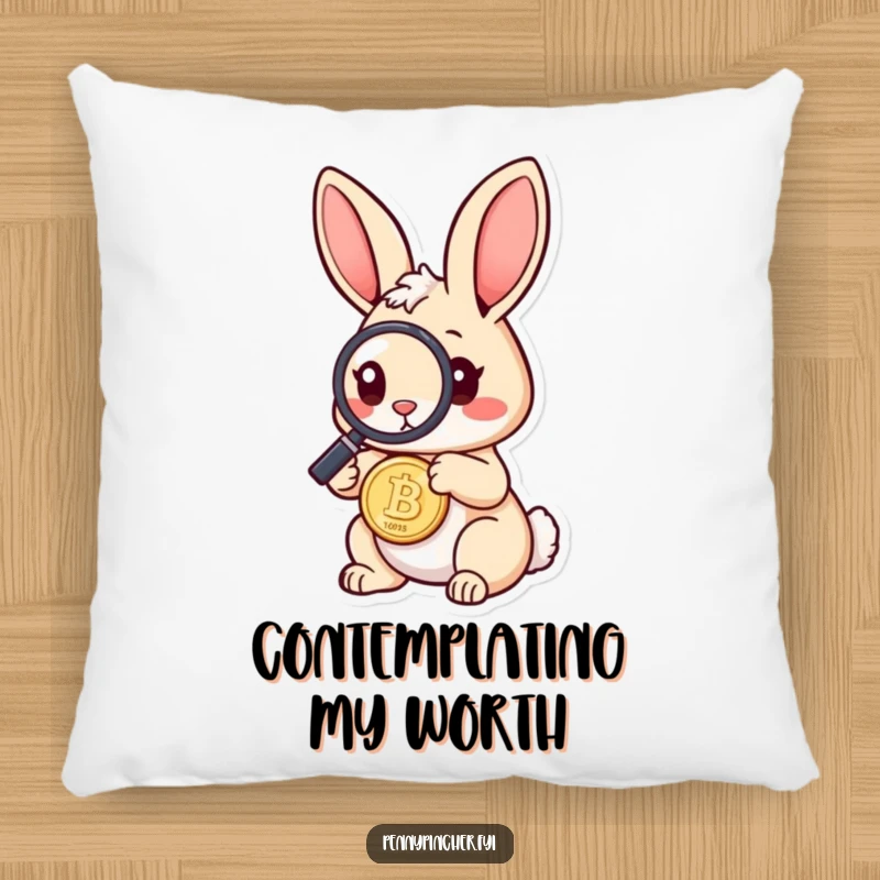 Funny rabbit pillow featuring a curious rabbit character using a magnifying glass to inspect a coin, offering comfort and a humorous touch.