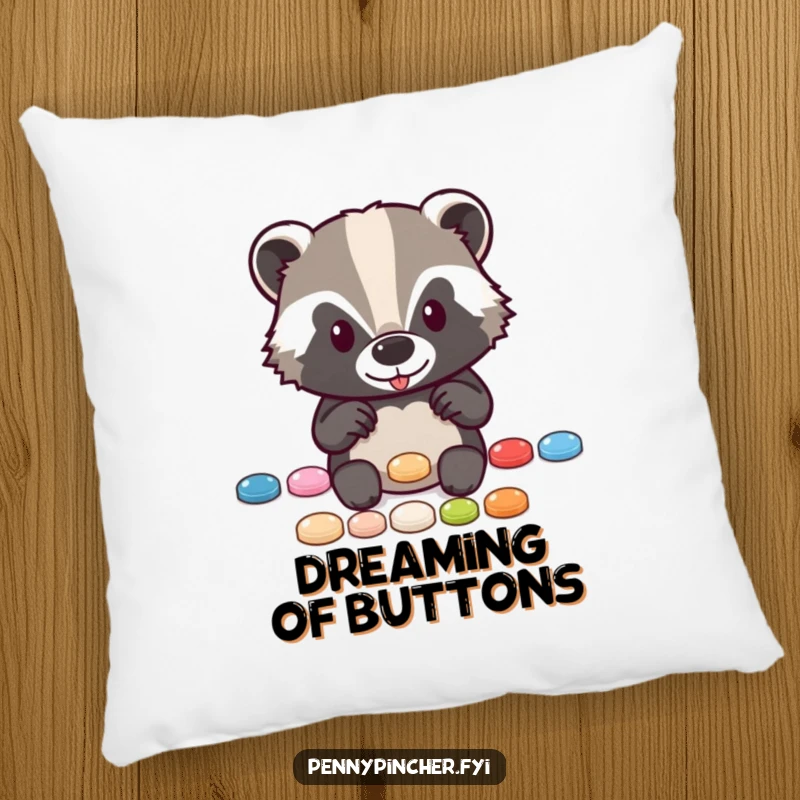 Funny pillow featuring a diligent badger character organizing a neat line of shiny buttons, offering both comfort and humor.