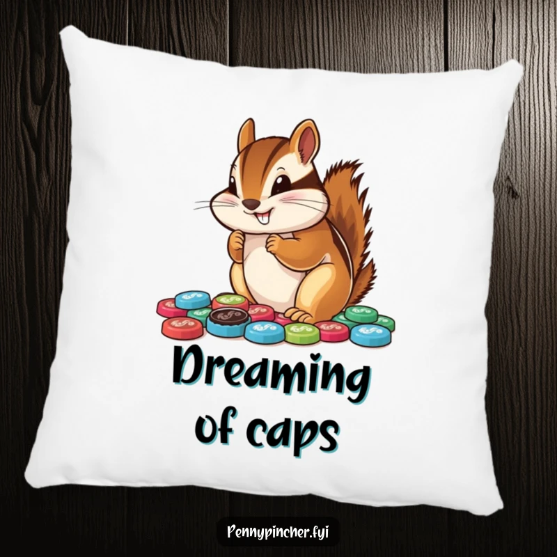 Funny chipmunk pillow, resting contentedly amidst a spread of meticulously arranged bottle caps, a symbol of cozy collecting.