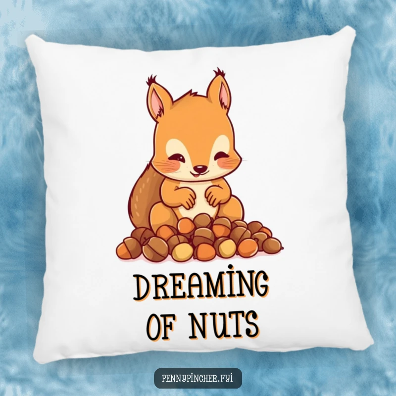 Funny pillow with a squirrel character meticulously counting a small pile of acorns, looking soft and very focused.