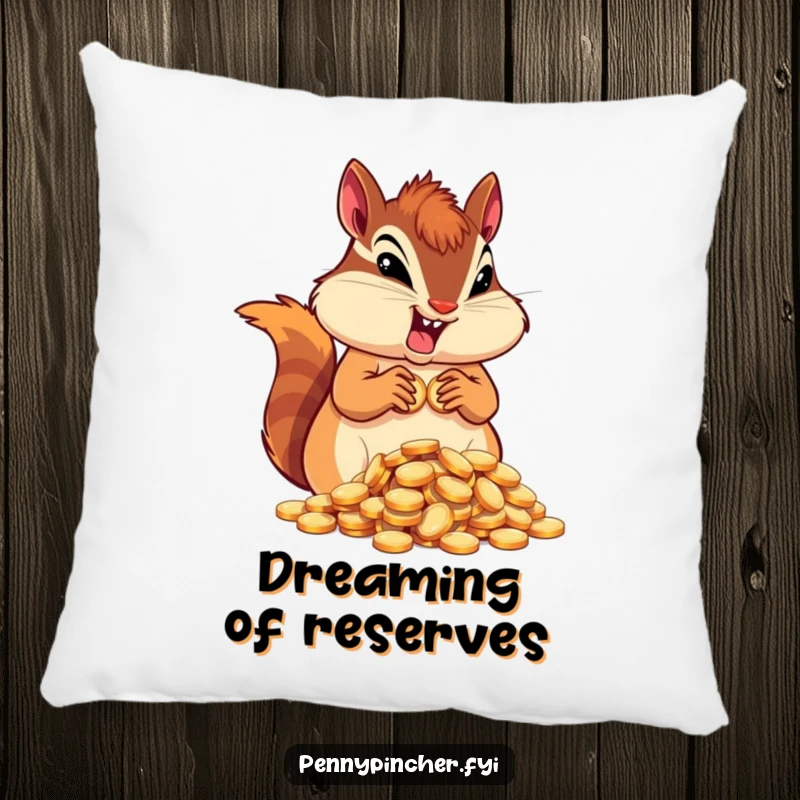 Funny determined chipmunk character pillow, hoarding coins, offering cozy humor and a spirit of accumulation.