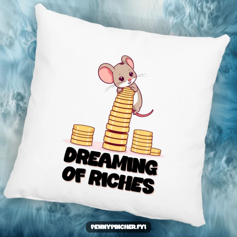 Funny Pillow with an ambitious mouse character focused on building a precarious coin tower.