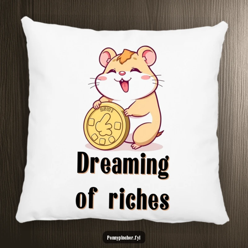 Funny pillow featuring a smiling hamster character joyfully rolling a giant coin, offering comfort and a touch of luck.