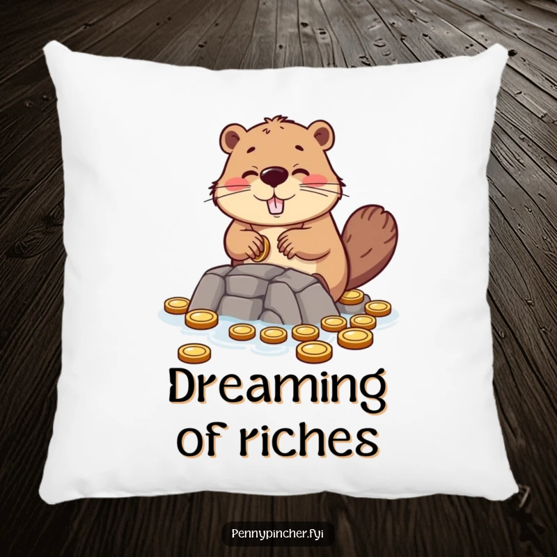 Funny pillow showcasing a hopeful beaver character building a dam out of small coins, offering comfort and inspiration.