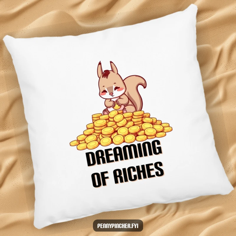 Funny pillow featuring a squirrel character meticulously counting shiny coins, offering comfort and a humorous, wealth-themed design.
