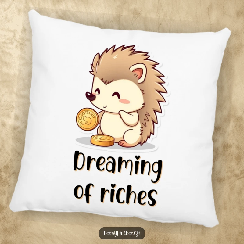 Funny hedgehog pillow featuring a proud hedgehog character polishing a small, glittering coin, offering comfort and a humorous touch.