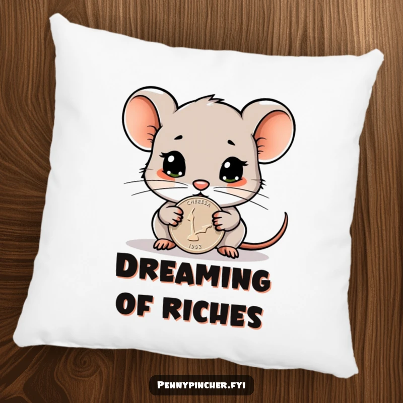 Funny pillow featuring a cautious mouse character protectively guarding a shiny penny, offering comfort and a humorous, minimalist design.