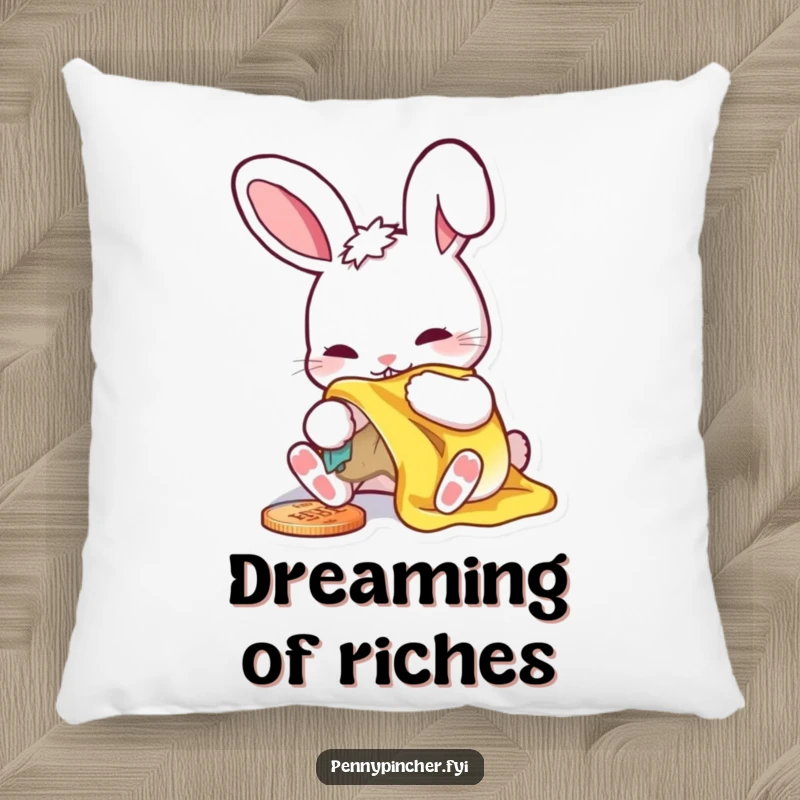 Funny decorative pillow with a rabbit character meticulously polishing a shiny penny, soft and humorous.