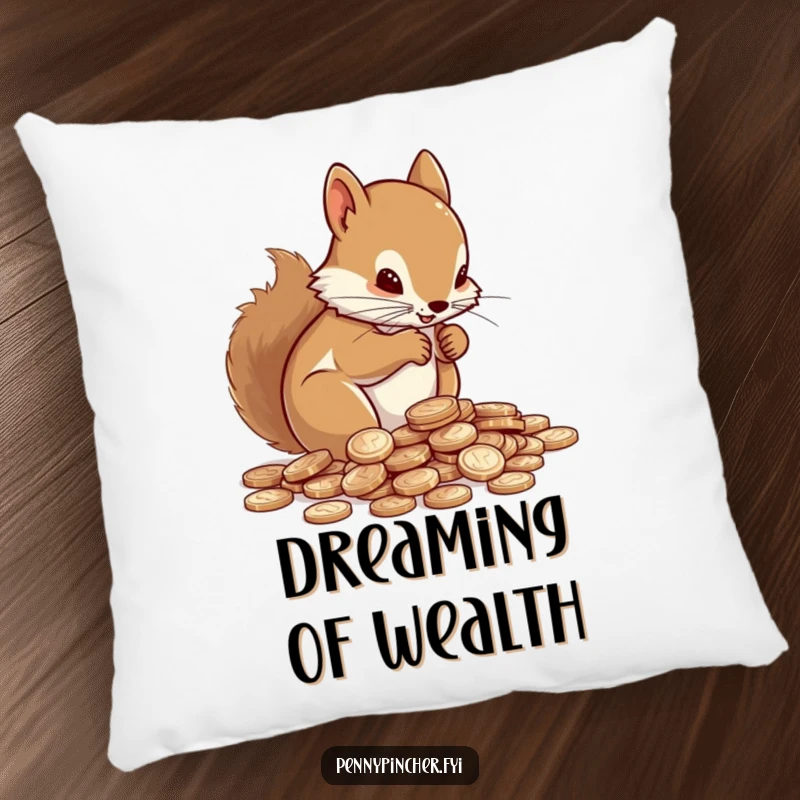 Funny Pillow with a determined squirrel character focused on counting shiny pennies.