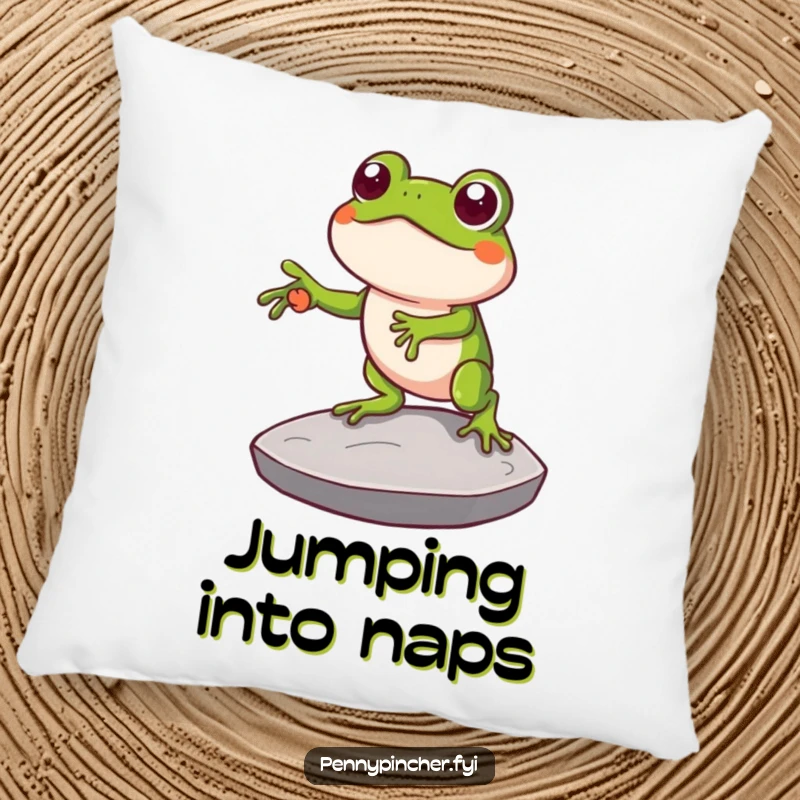 Funny pillow showcasing a clever frog character using a large coin as a stepping stone, bringing a humorous and comforting touch of resourcefulness.