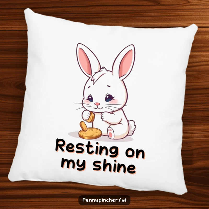 Funny pillow showcasing a determined rabbit character meticulously polishing a single shiny penny, bringing a humorous and motivational touch to relaxation.