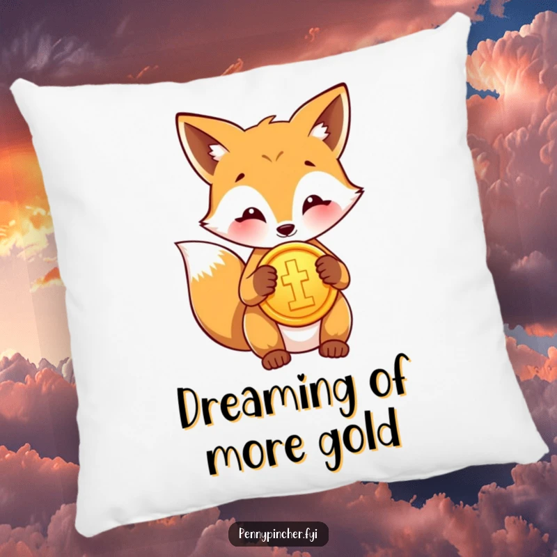 Funny pillow showcasing a proud fox character polishing a shiny gold coin, offering comfort and witty charm.