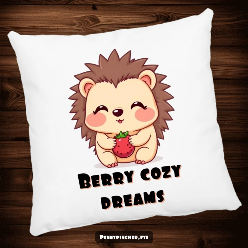 Funny hedgehog pillow, a blushing character balancing one berry on its snout, soft and humorous decorative item.