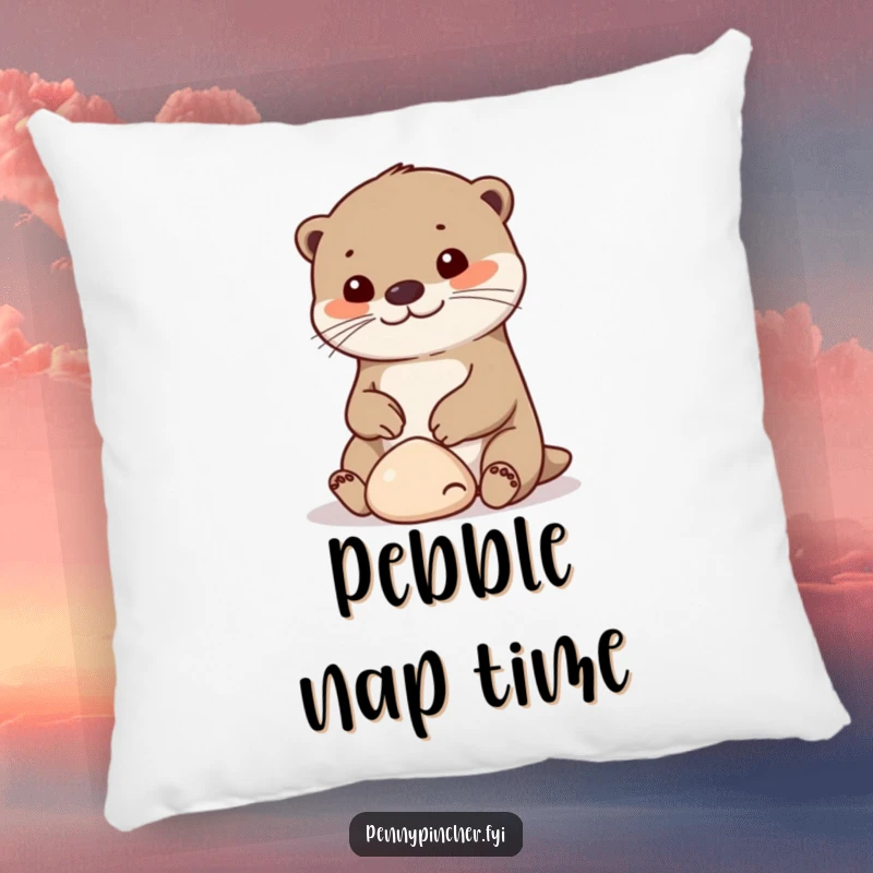 Funny otter pillow, a cheerful character holding a small smooth pebble, soft and humorous decorative item.