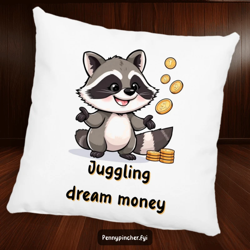 Funny Raccoon Pillow: Features a clever raccoon character juggling shiny pennies with a grin, offering plush comfort.