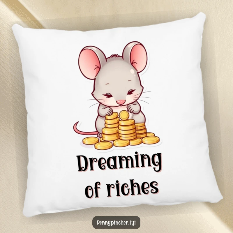 Funny pillow showcasing a shy mouse character gently counting a small pile of coins, bringing a humorous and comforting touch to any room.