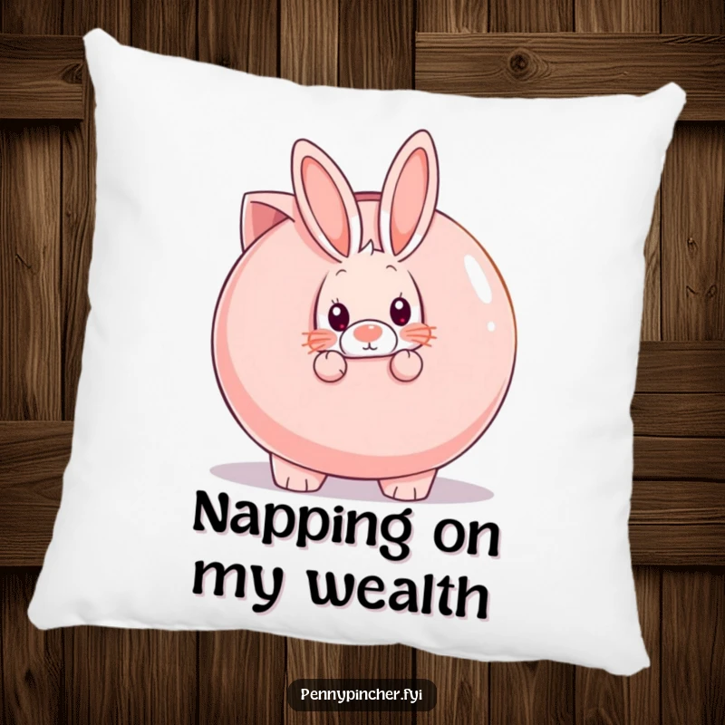 Funny shy rabbit character peeking from behind a giant piggy bank, a soft and humorous decorative pillow.