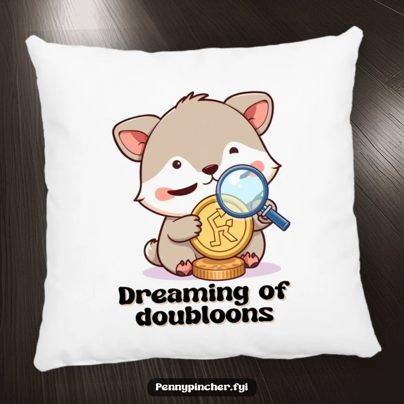 Funny pillow, cute animal squinting with a magnifying glass over a coin, designed for comfort and a humorous appreciation of details.