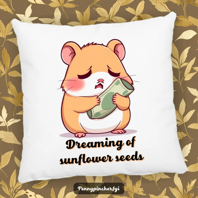 Funny worried hamster character nervously clutching a small rolled-up bill, a soft and humorous decorative pillow.