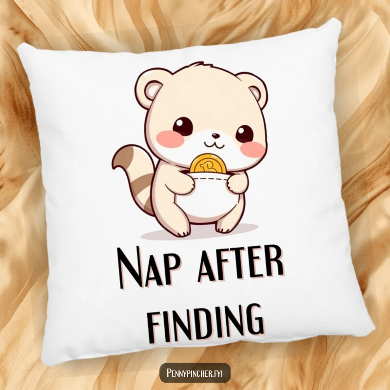 Funny Pillow displaying a cute, relieved animal character with a happy expression, having found a coin in its pocket, perfect for cozy spaces.