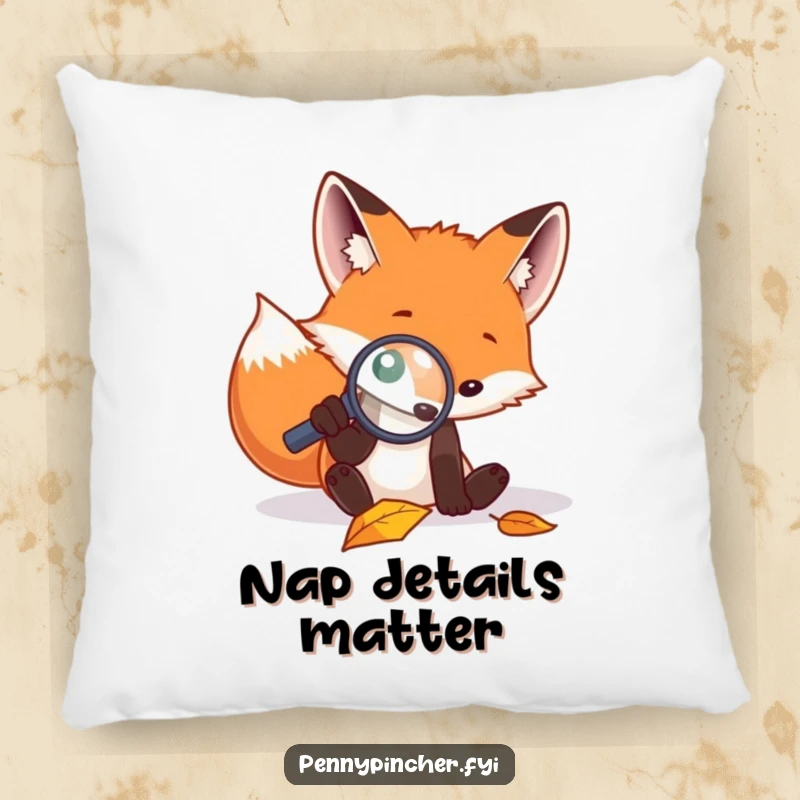 Funny pillow featuring a diligent fox peering through a magnifying glass at a fallen leaf, combining comfort and humor.