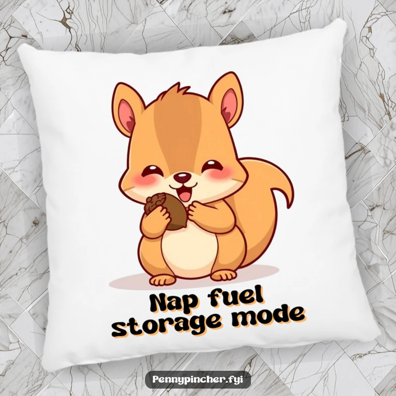 Funny pillow with a design of a content squirrel character stuffing its cheeks full of acorns, looking pleased and ready for a nap.