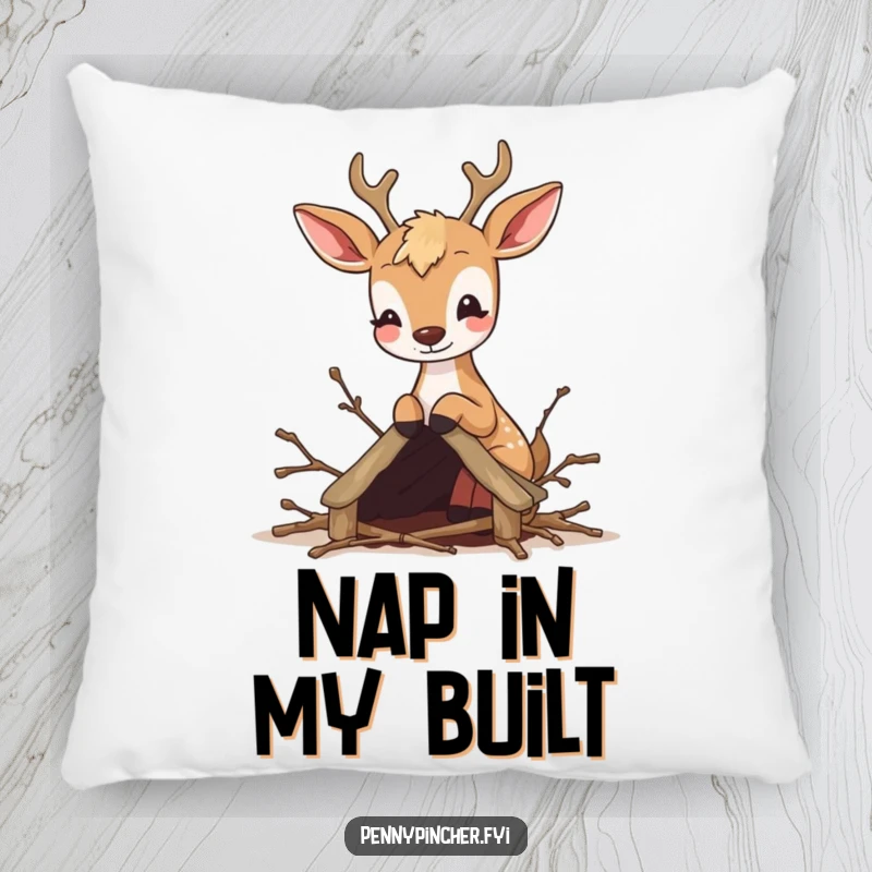 Funny pillow with a bouncy deer focused on its task of building a tiny shelter from twigs, very cute.
