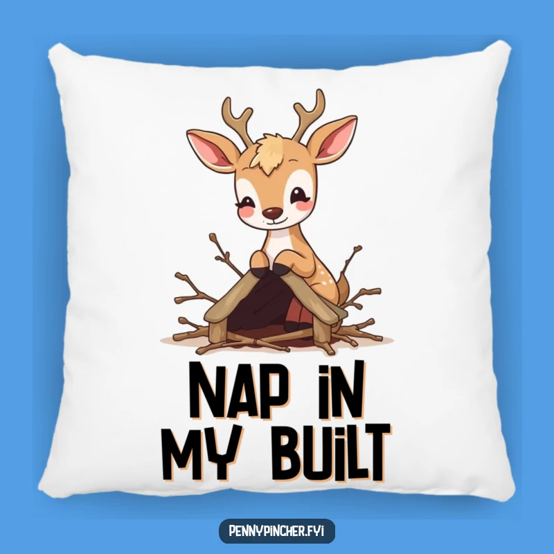 Funny Deer Crafter Pillow: Soft cushion featuring a deer making a twig shelter, a funny, cozy gift.