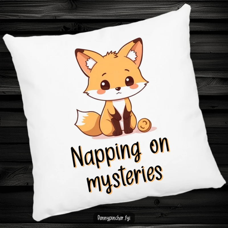 Funny Pillow featuring a curious fox character looking at a coin, offering soft comfort and humor.