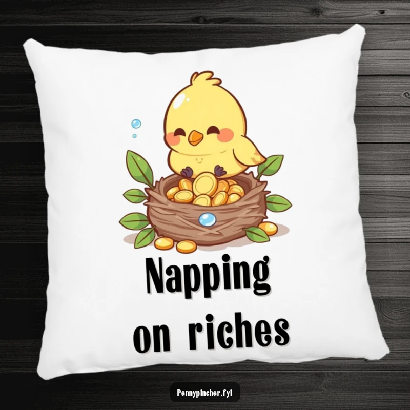 Funny decorative pillow featuring a bird character carefully placing dewdrop coins into its nest, comfortable.