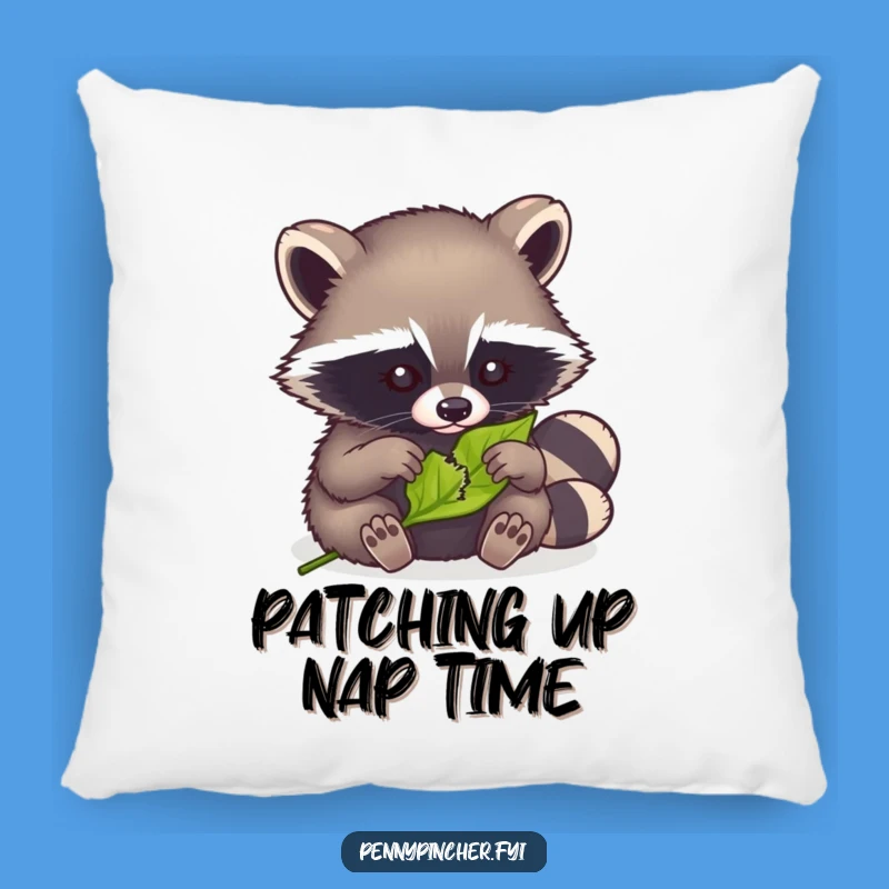 Funny Raccoon Mending Pillow: Soft pillow with a raccoon fixing a leaf, a funny gift.