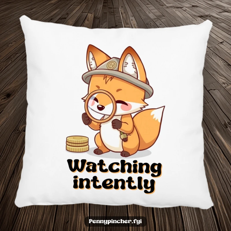 Funny pillow design of a resourceful fox using a coin as a tiny magnifying glass, bringing comfort and wit.