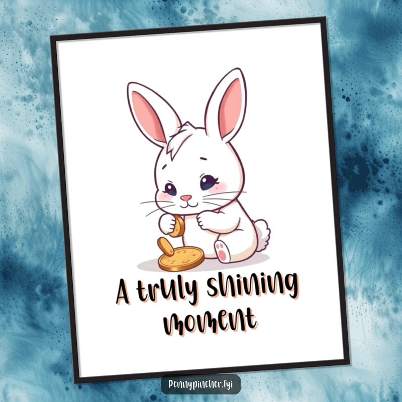 Funny digital art print of a determined rabbit character meticulously polishing a single shiny penny, conveying a humorous sense of dedication and polished success.