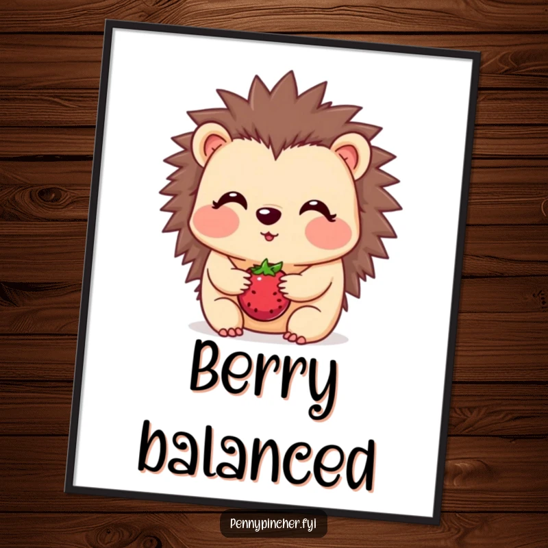 Funny hedgehog digital art print, a blushing character balancing one berry on its snout, instant humorous decor.