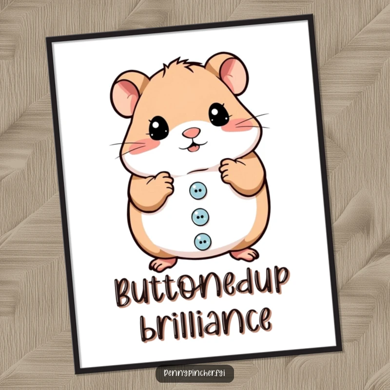 Funny digital art print of a meticulous hamster character organizing a pile of shiny buttons, high-quality.