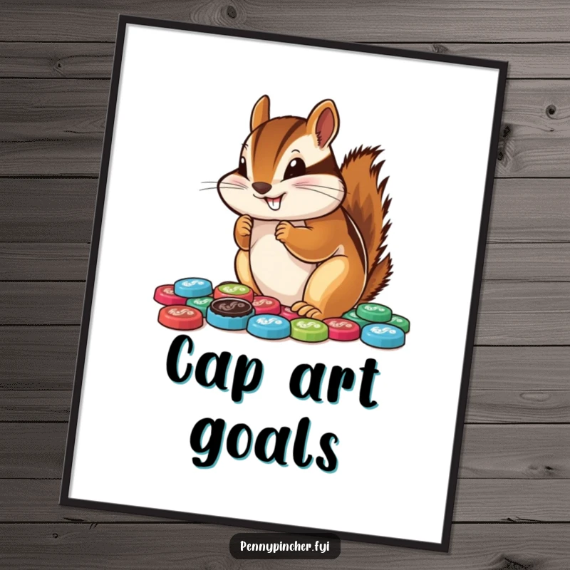 Funny chipmunk digital art print, focused on arranging a colorful assortment of bottle caps, embodying a humorous collector's passion.