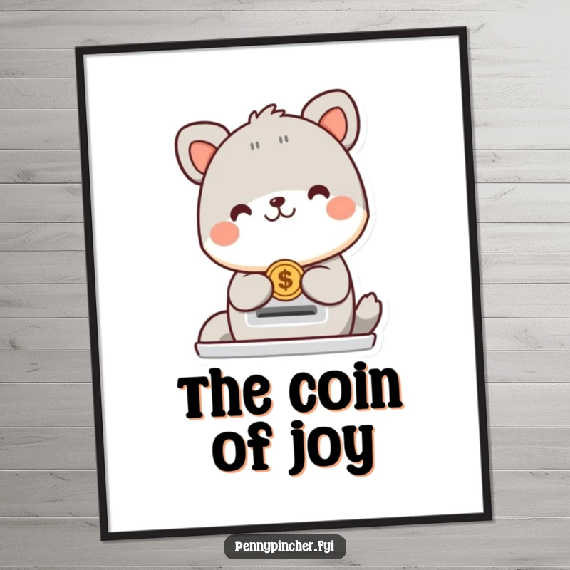 Funny animal character digital art print of a cheerful creature happily placing a coin into a slot, perfect for humorous decor.