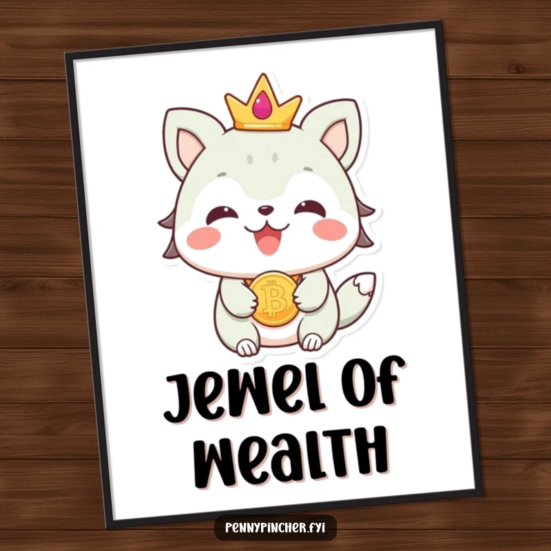 Funny beaming animal character wearing a coin as jewelry, available as a high-resolution digital art print.