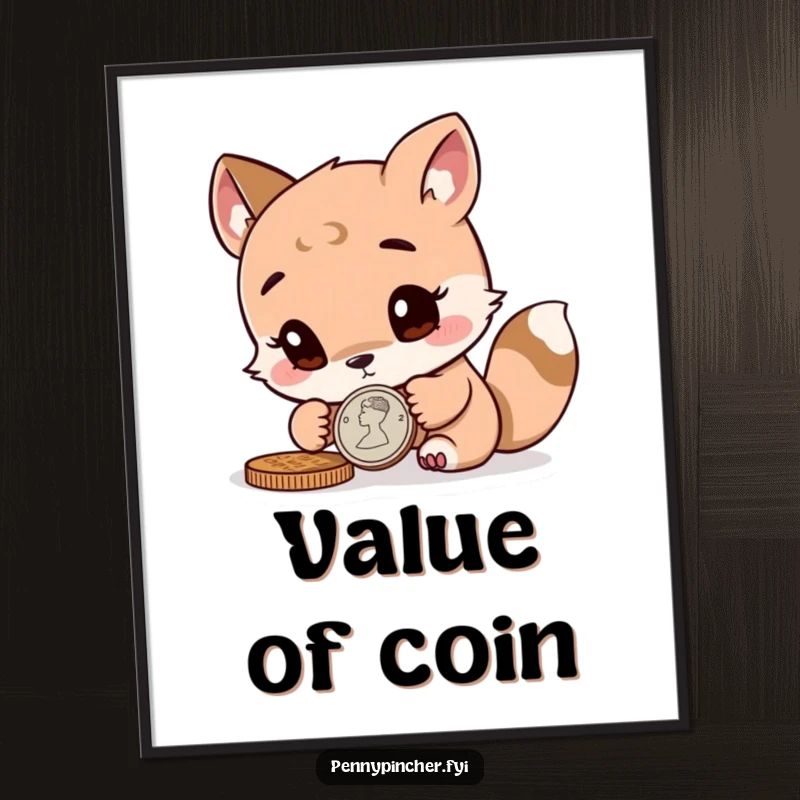 Funny curious animal character closely inspecting a coin, available as a high-resolution digital art print.