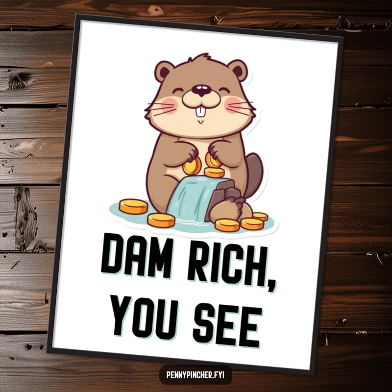 Funny digital art print of a proud beaver character building a dam with a pile of coins, humorously depicting financial planning and ambition.