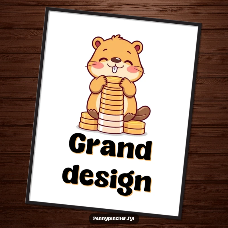 Funny beaver digital art print of a diligent beaver character stacking shiny coins into a tower, adding a humorous and industrious touch.