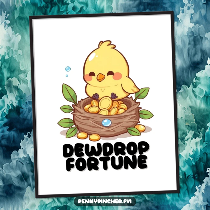 Funny digital art print of a bird carefully placing shiny dewdrop coins into its nest, instant download.