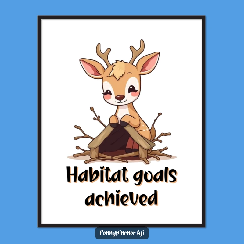 Funny Deer Crafter Digital Art: Printable art of a deer building a twig shelter, a funny gift.